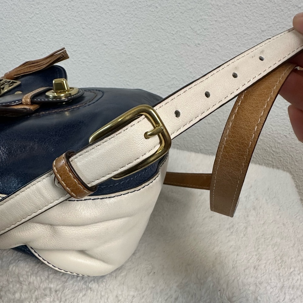 Coach Legacy Satchel Navy Cream Leather Bag Vintage Brass Turnlock Crossbody - Picture 12 of 14